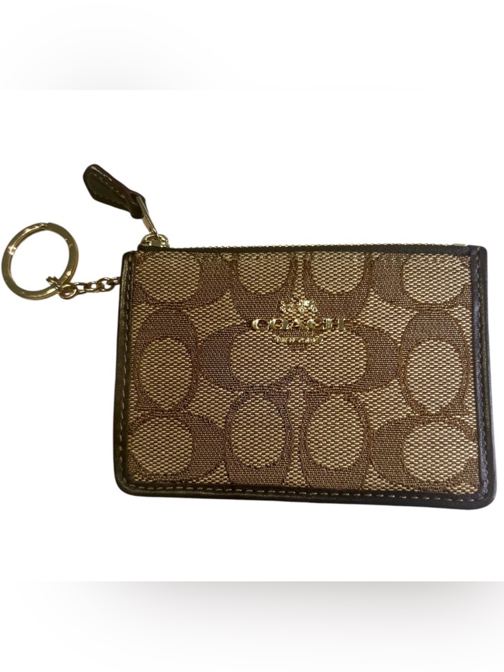 Coach Taupe Brown Signature Logo Canvas Card Case with Key Ring NWOT